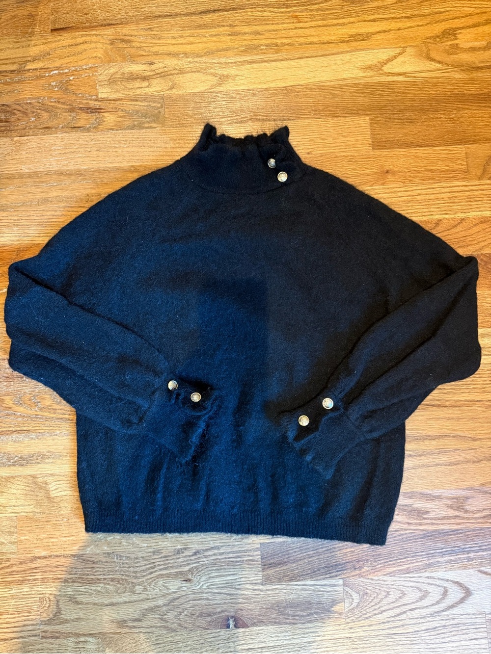 Sezane Black Mock Neck Sweater with Gold Buttons